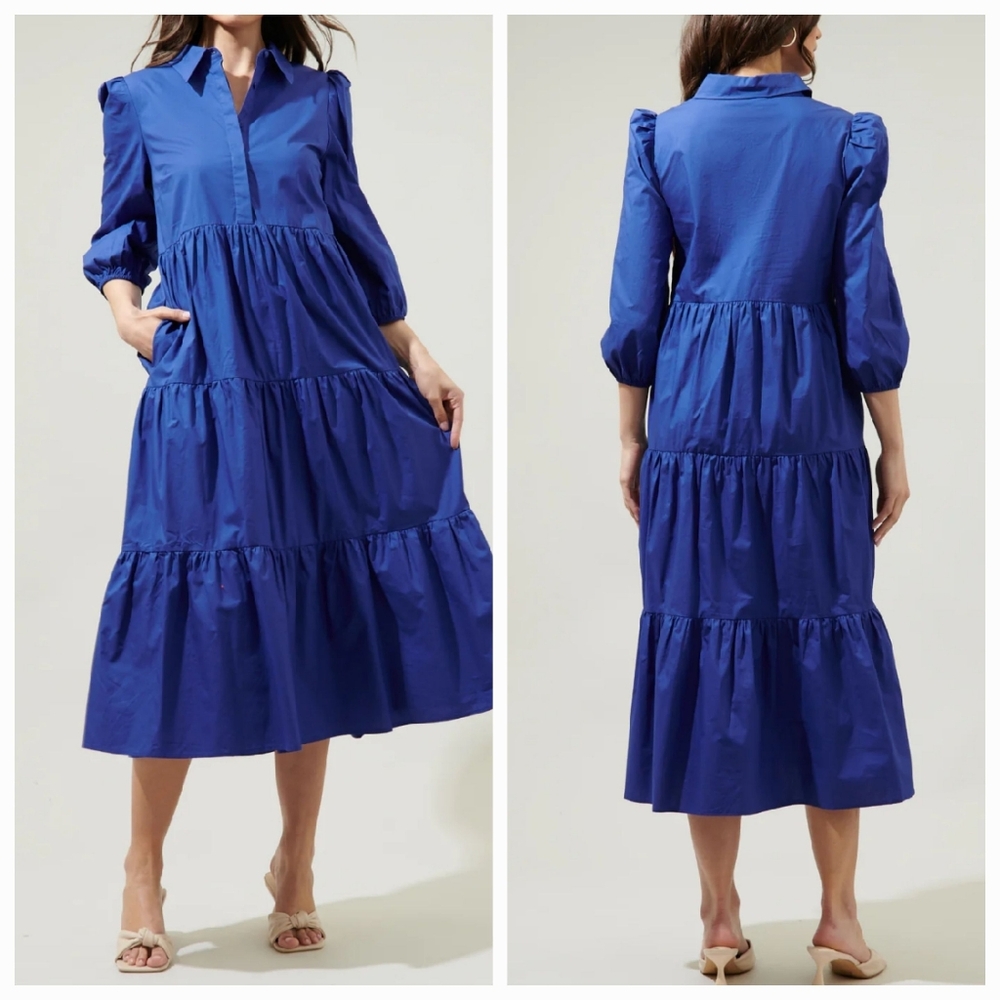 Sugar Lips Jones Polo Cotton Poplin Tiered Midi Dress Large